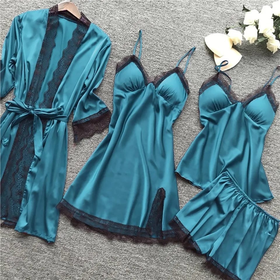 4-piece women's satin lace sleepwear / pajama set